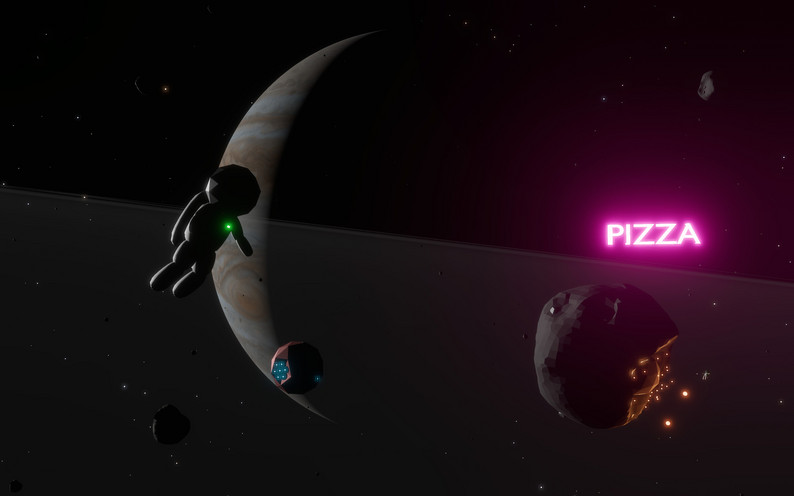 Screenshot of the OutFly game showing an astronaut flying in front of Jupiter next to an asteroid with cozy amber lighting and a neon pink glowing sign that advertises PIZZA
